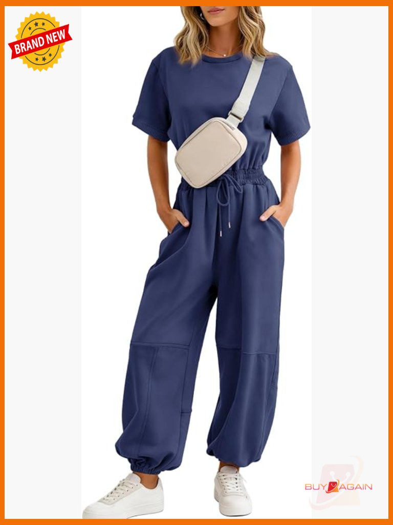 Crewneck Short Sleeve Jumpsuit Wide Leg Long Pants Romper With Pockets